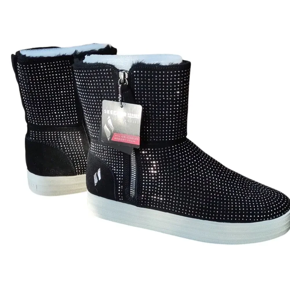 Skechers Black and White Double Up Night Light 867 Winter Boots Women's